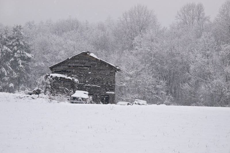 Barn in snow stock photo. Image of mountains, trees, weather 16367960