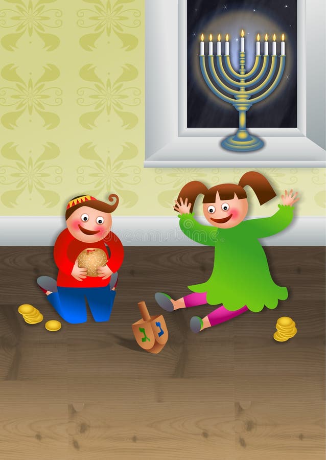 Barn som firar Chanukkah stock illustrationer