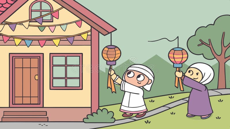 Barn som firar Eid Festive-firandet och islamisk kulturillustration vektor design Generative AI royaltyfri illustrationer