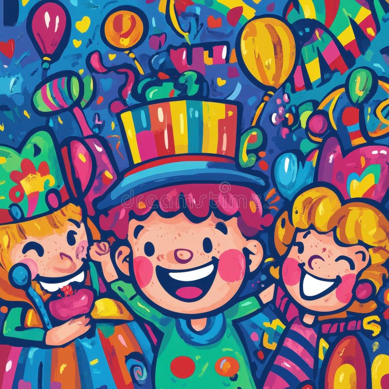 Barn som firar med ballonger och konetti i en färgstark illustration stock illustrationer