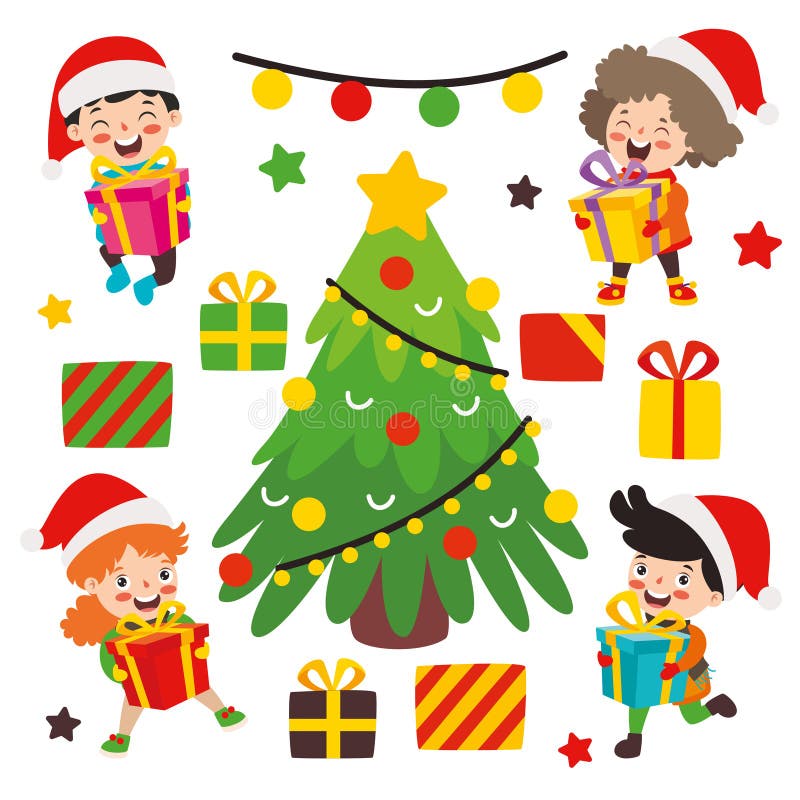 Barn som firar nytt år och julklappar vektor illustrationer