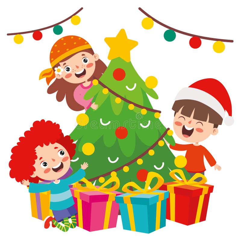 Barn som firar nytt år och julklappar royaltyfri illustrationer