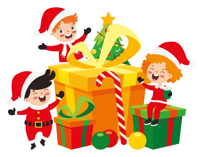 Barn som firar nytt år och julklappar stock illustrationer