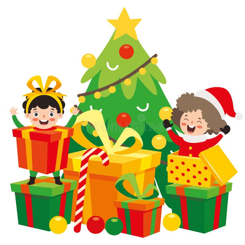 Barn som firar nytt år och julklappar stock illustrationer