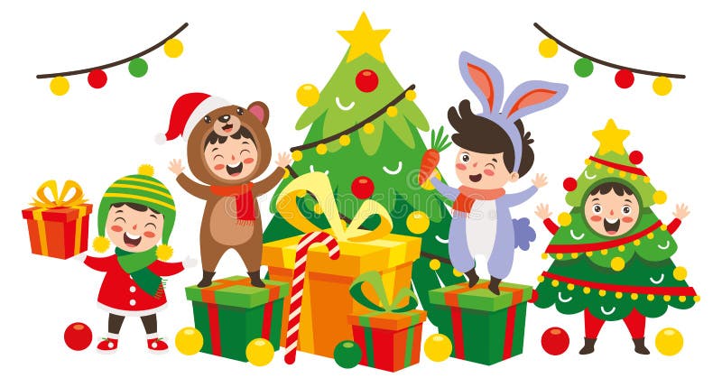 Barn som firar nytt år och julklappar stock illustrationer