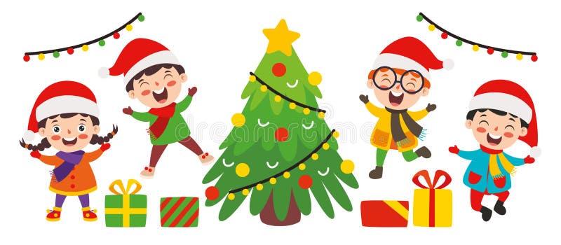 Barn som firar nytt år och julklappar stock illustrationer