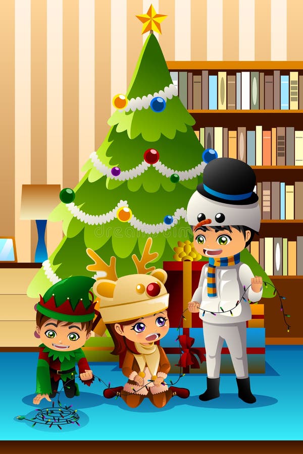 Barn som framme firar jul av julgranen stock illustrationer