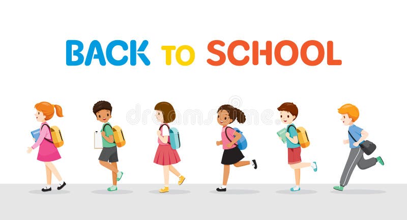 Barn som går och går tillbaka till skolan på rad stock illustrationer