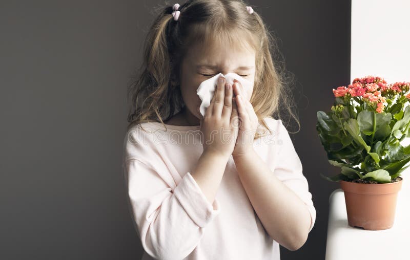 Child girl sneezing,caucasian kid blowing napkin,allergic concept. Flower,plants allergy. Child girl sneezing,caucasian kid blowing napkin,allergic concept. Flower,plants allergy