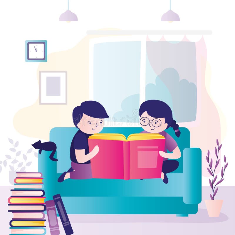 Barn som sitter på soffan och läser intressant bok. skolpojke och skolflicka utforska storybook. stapel av olika barnböcker vektor illustrationer