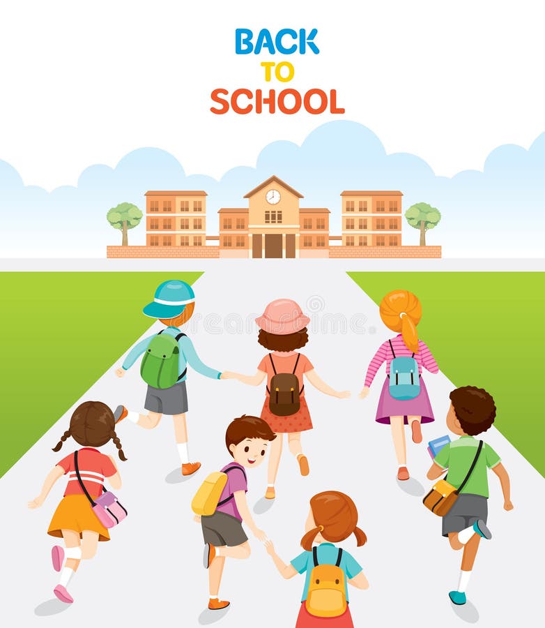 Barn som springer och går tillbaka till skolan royaltyfri illustrationer