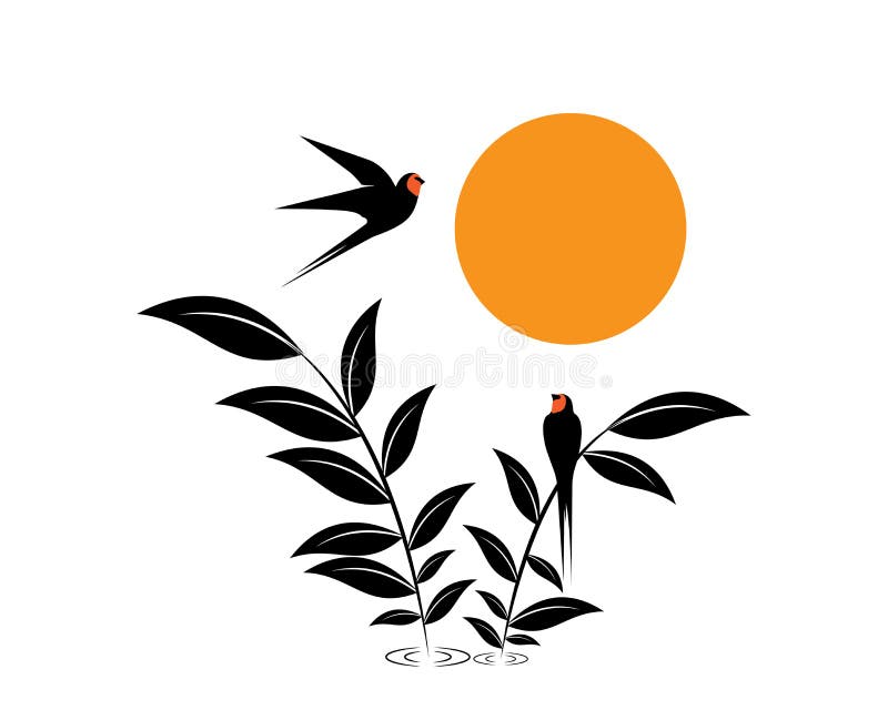 Bird on Branch on sunset, Vector. Scandinavian minimalist art design. Poster design, wall art, artwork. Barn Swallow Silhouette