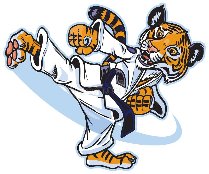 Barn Tiger Cub Martial Artist Executing en baksida royaltyfri illustrationer Barn Tiger Cub Martial Artist Executing en baksida royaltyfri illustrationer