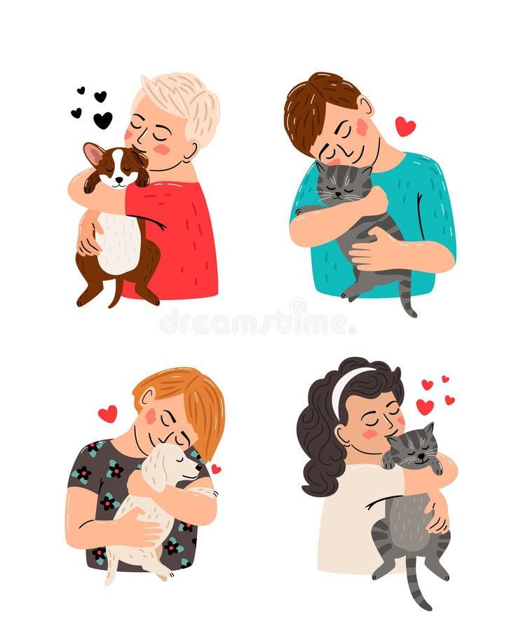 Barn älskar hundar och katter med vektor på vit bakgrund. Hundvalpar och kattungar. Vänskap mellan människor och husdjur glad stock illustrationer