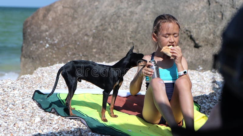 Barn äter på stranden och delar mat med hunden