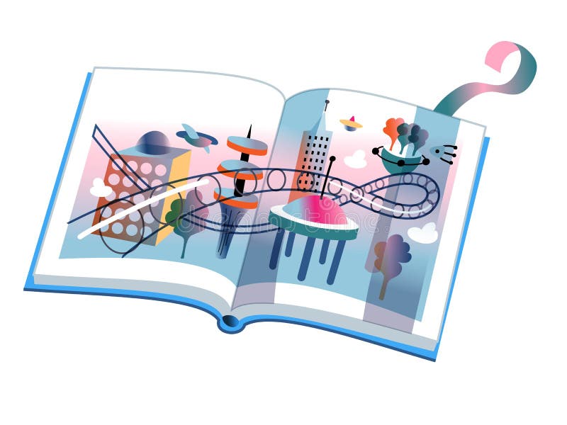 Barnbok om framtida storstadsområden, skyskrapor och transporter stock illustrationer