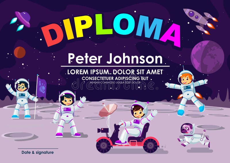 Barndiplom eller certifikat av mallen för prestation & för vektor för tema för gillandeutrymmemåne den kalla Barnastronautet gör stock illustrationer Barndiplom eller certifikat av mallen för prestation & för vektor för tema för gillandeutrymmemåne den kalla Barnastronautet gör stock illustrationer