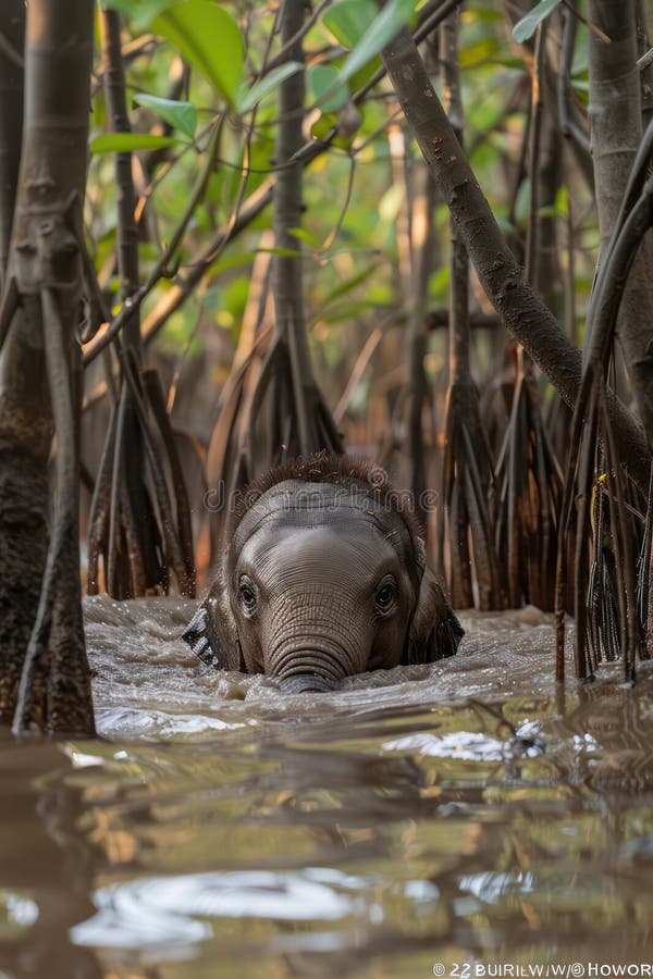Barnelefant som navigerar genom mangroveträsk och som fångar vilda livsmiljöer, naturskydd som liknar djurens beteende vektor illustrationer