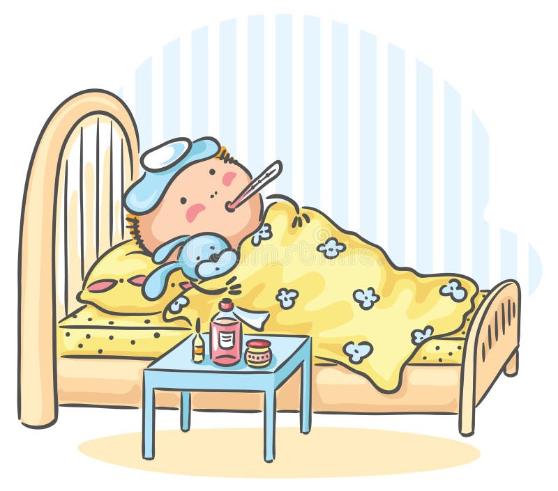 Barnet har fått influensa och ligger i säng med en termometer vektor illustrationer Barnet har fått influensa och ligger i säng med en termometer vektor illustrationer