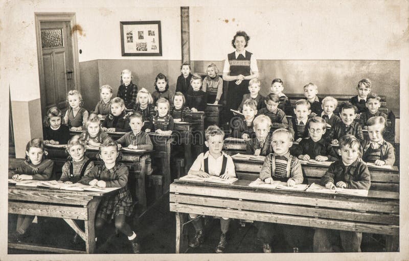 Barnklasser lärarklassrum Vintage-foto