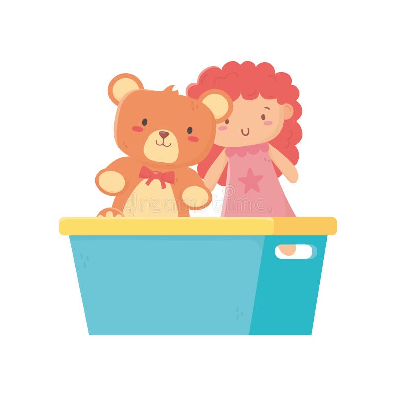 Barnleksak, teddybjörn och liten docka i leksaker i bucket