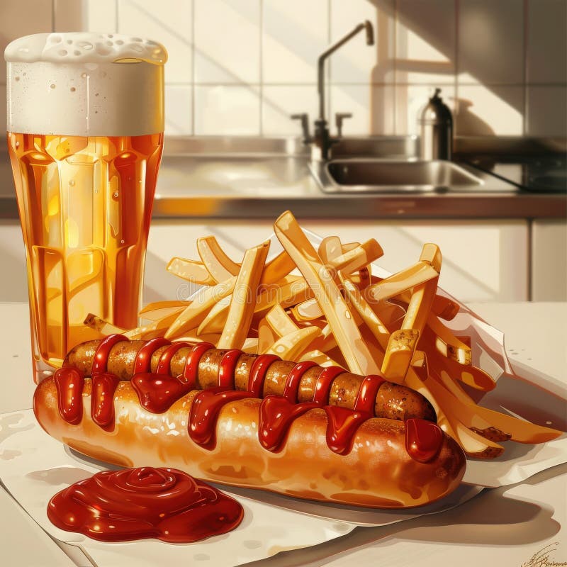 Barnmat : currywurst fries och öl royaltyfri bild