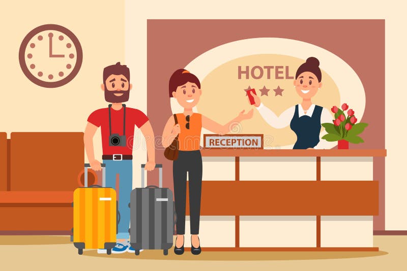 Barnpar på hotellmottagandet Kontoristanseende bak skrivbordet och den fördjupande handen med det nyckel- kortet inre lobby plant vektor illustrationer Barnpar på hotellmottagandet Kontoristanseende bak skrivbordet och den fördjupande handen med det nyckel- kortet inre lobby plant vektor illustrationer