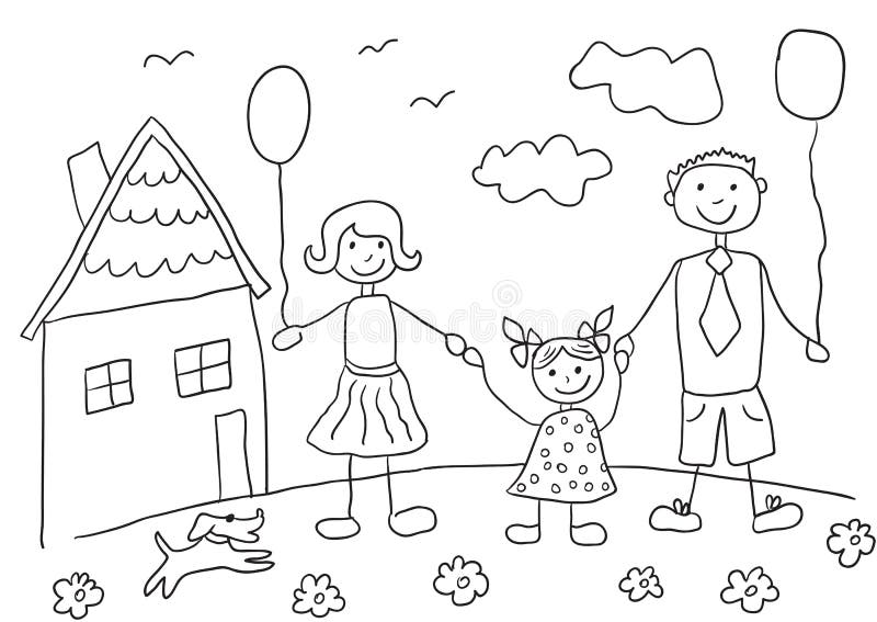 Barns lycklig familj för teckning med hunden Avla, fostra, dottern och deras hus vektor illustrationer Barns lycklig familj för teckning med hunden Avla, fostra, dottern och deras hus vektor illustrationer