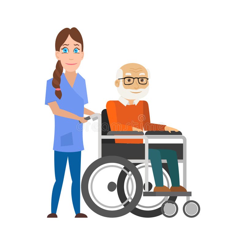 Young nurse pushing wheelchair with disabled old man. Helping elderly and sick people. Vector illustration. Young nurse pushing wheelchair with disabled old man. Helping elderly and sick people. Vector illustration