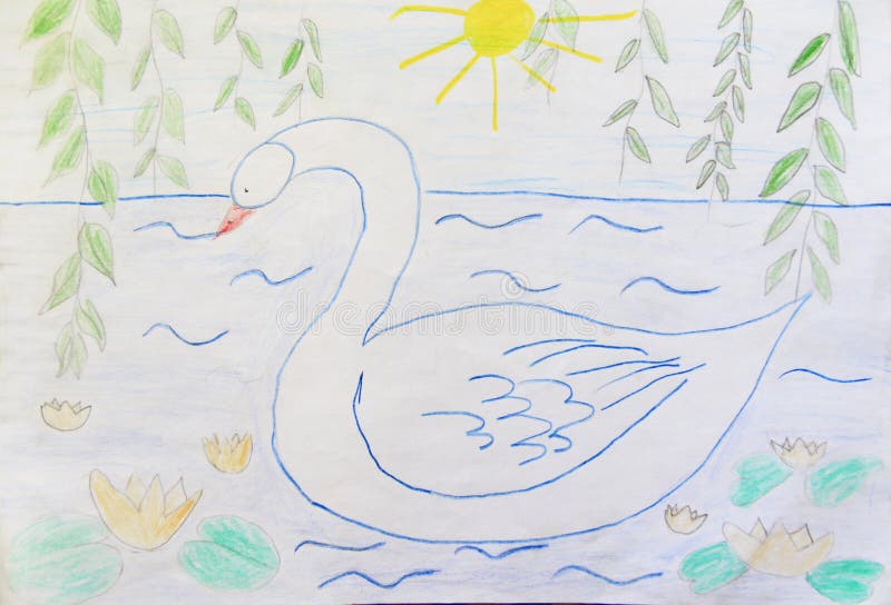 Barnslig teckningssvansimning på sommardammet royaltyfri illustrationer Barnslig teckningssvansimning på sommardammet royaltyfri illustrationer