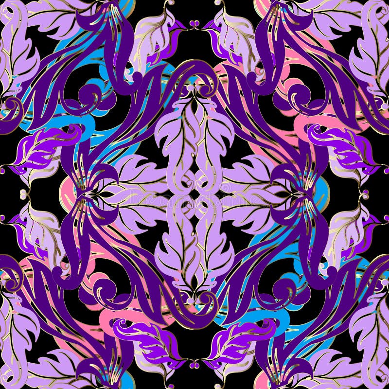 Barok naadloos patroon Bloemen vector sier kleurrijke achtergrond Violette blauwe bloemenbladeren met gouden overzicht luxe royalty-vrije illustratie Barok naadloos patroon Bloemen vector sier kleurrijke achtergrond Violette blauwe bloemenbladeren met gouden overzicht luxe royalty-vrije illustratie