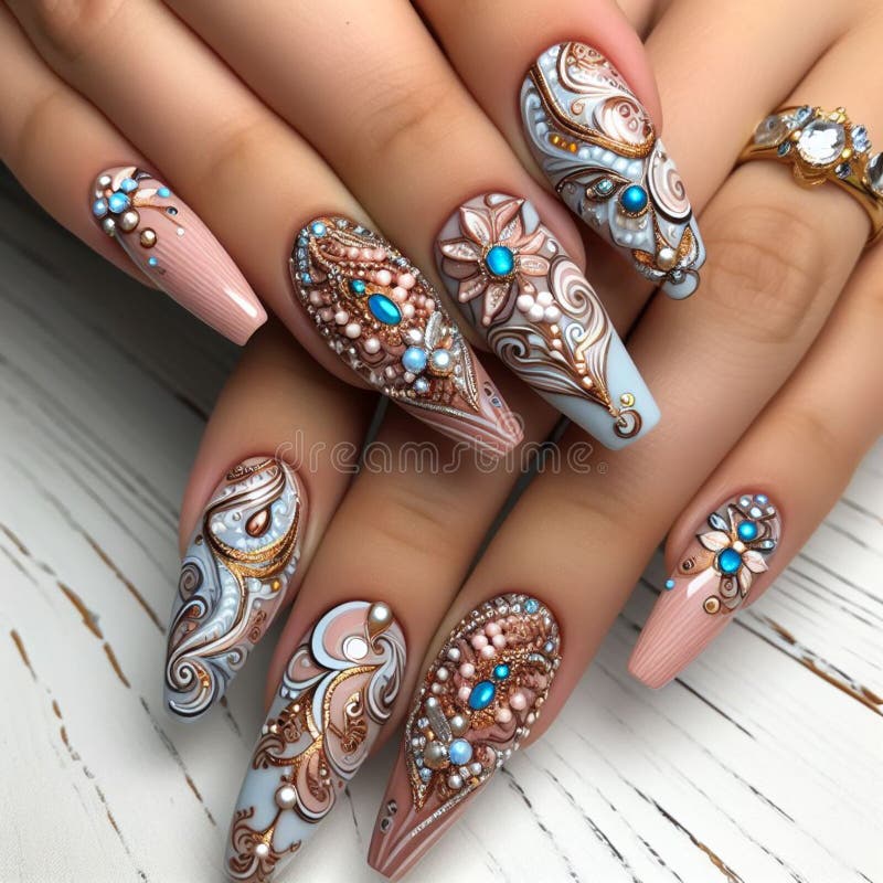 Step into a world of sophistication with this baroque-inspired bejeweled nail art. Accented with turquoise stones and intricate patterns, these elegant stiletto nails embody luxury. This image captures the art of nail design with a touch of opulence. Step into a world of sophistication with this baroque-inspired bejeweled nail art. Accented with turquoise stones and intricate patterns, these elegant stiletto nails embody luxury. This image captures the art of nail design with a touch of opulence.