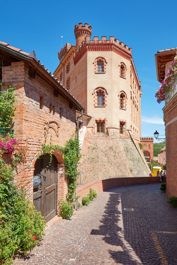 Barolo middeleeuwse kasteel en straat met groene installaties in een zonnige de zomerdag royalty-vrije stock foto Barolo middeleeuwse kasteel en straat met groene installaties in een zonnige de zomerdag royalty-vrije stock foto