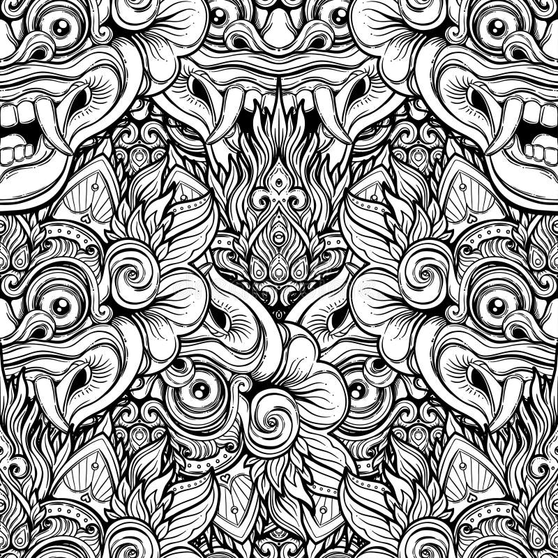 Barong. Traditional ritual Balinese mask. Vector decorative ornate outline black and white seamless pattern. Hindu ethnic royalty free illustration Barong. Traditional ritual Balinese mask. Vector decorative ornate outline black and white seamless pattern. Hindu ethnic royalty free illustration