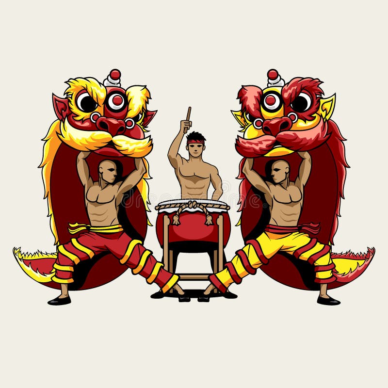 Barongsai Lion Dancers and a Drummer vector illustration for greeting card, design element, flyer, poster or any other purpose