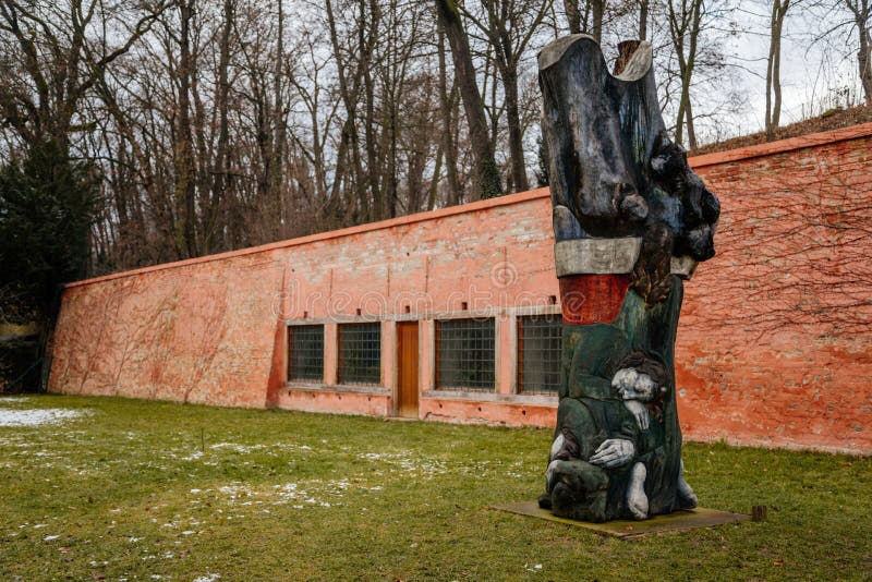 Baroque benedictine monastery Brevnov, Upper orchard with massive brick enclosure walls, wooden sculpture, Garden and park, abbey