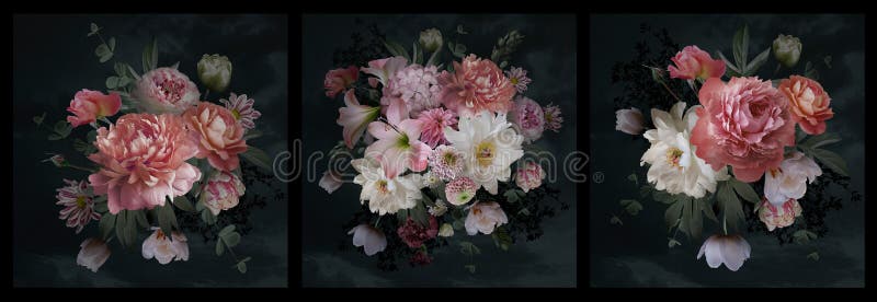 Baroque bouquet. vackra trädgårdsblommor och blad på svart bakgrund fotografering för bildbyråer