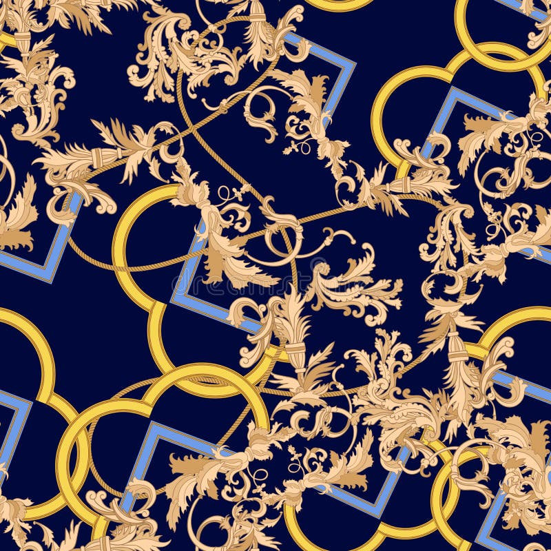 Baroque details, chains and leaves. Vector seamless pattern for print, fabric, scarf