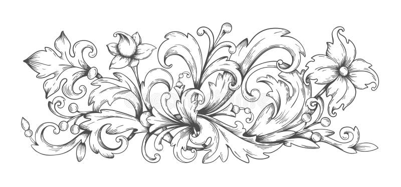 Baroque ornament. Border engraved filigree elements with leaves, vintage Victorian scroll decorative arabesque. Vector