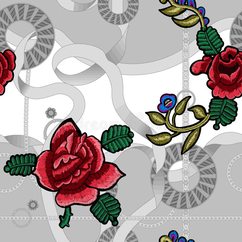 Baroque seamless pattern with chains and embroidery roses. Vector patch for scarfs, print, fabric royalty free illustration