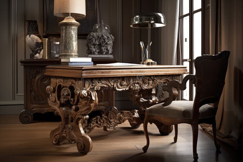 Baroque Study, with Ornate Wooden Desk and Scrollwork Chair Stock