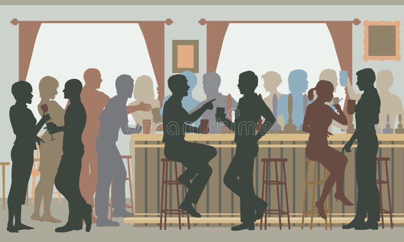 vector cutout illustration of people drinking in a busy bar in daylight. vector cutout illustration of people drinking in a busy bar in daylight