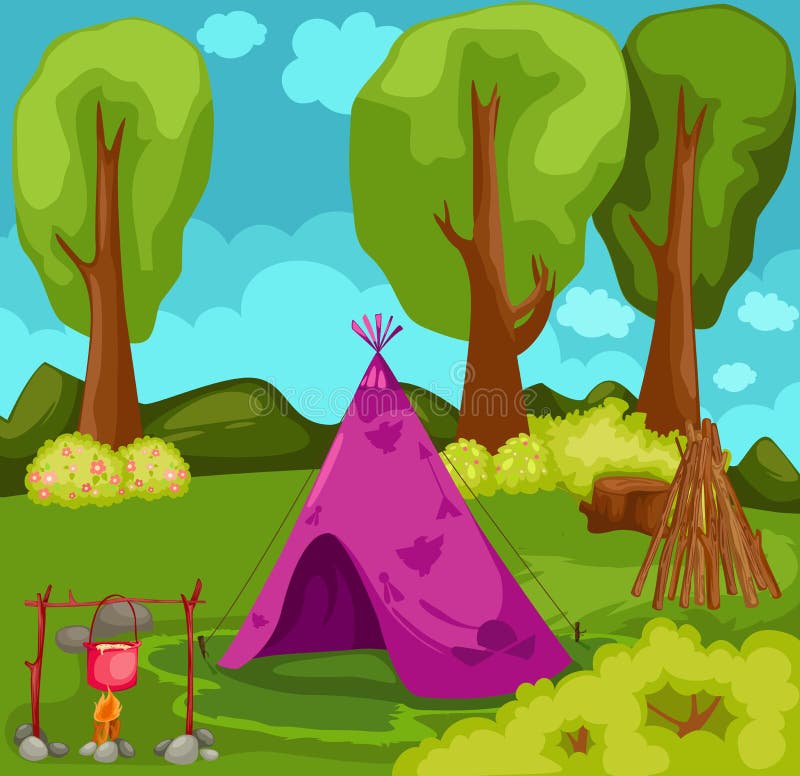 Illustration of landscape purple tent in forest. Illustration of landscape purple tent in forest