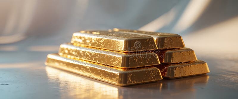 Barras de oro apiladas brillando en superficie metálica en luz suave imágenes de archivo libres de regalías