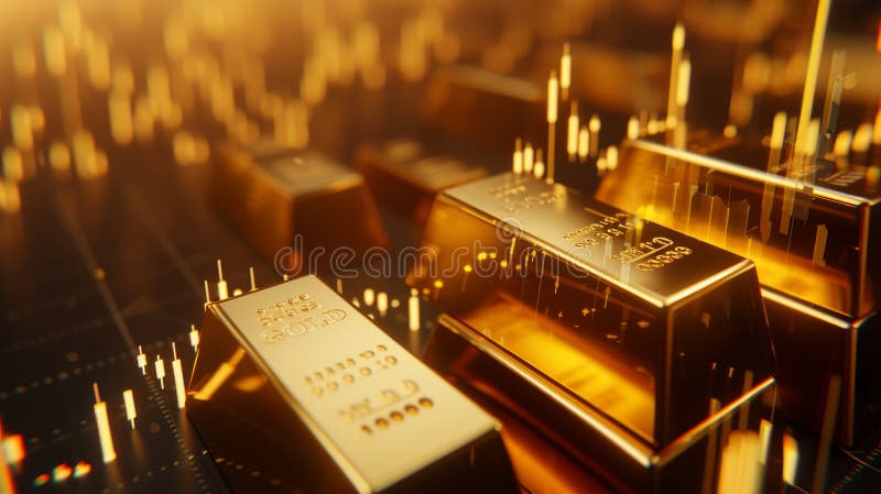 Barras de oro apiladas con datos de operaciones digitales en segundo plano foto de archivo