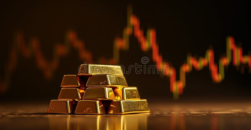 Barras de oro apiladas con gráfico del mercado de valores : Concepto de gestión de la inversión y la riqueza imagen de archivo
