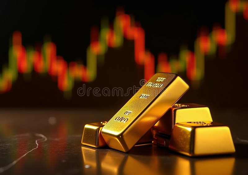 Barras de oro apiladas con gráfico del mercado de valores : Concepto de gestión de la inversión y la riqueza fotos de archivo libres de regalías