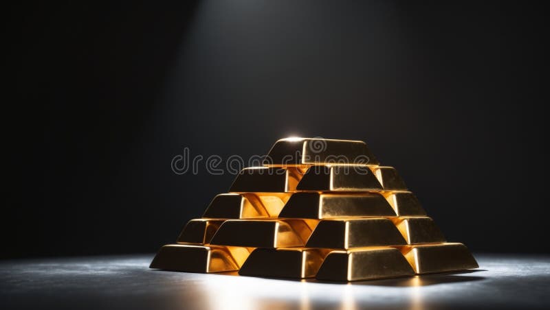 Barras de oro apiladas que reflejan la luz en un ambiente oscuro imagen de archivo