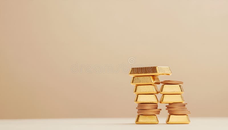 Barras y monedas de oro apiladas en mesa luminosa sobre fondo beige foco selectivo fotografía de archivo