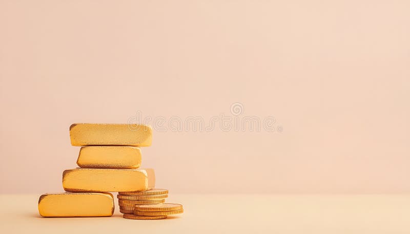 Barras y monedas de oro apiladas en mesa luminosa sobre fondo beige foco selectivo imagen de archivo libre de regalías
